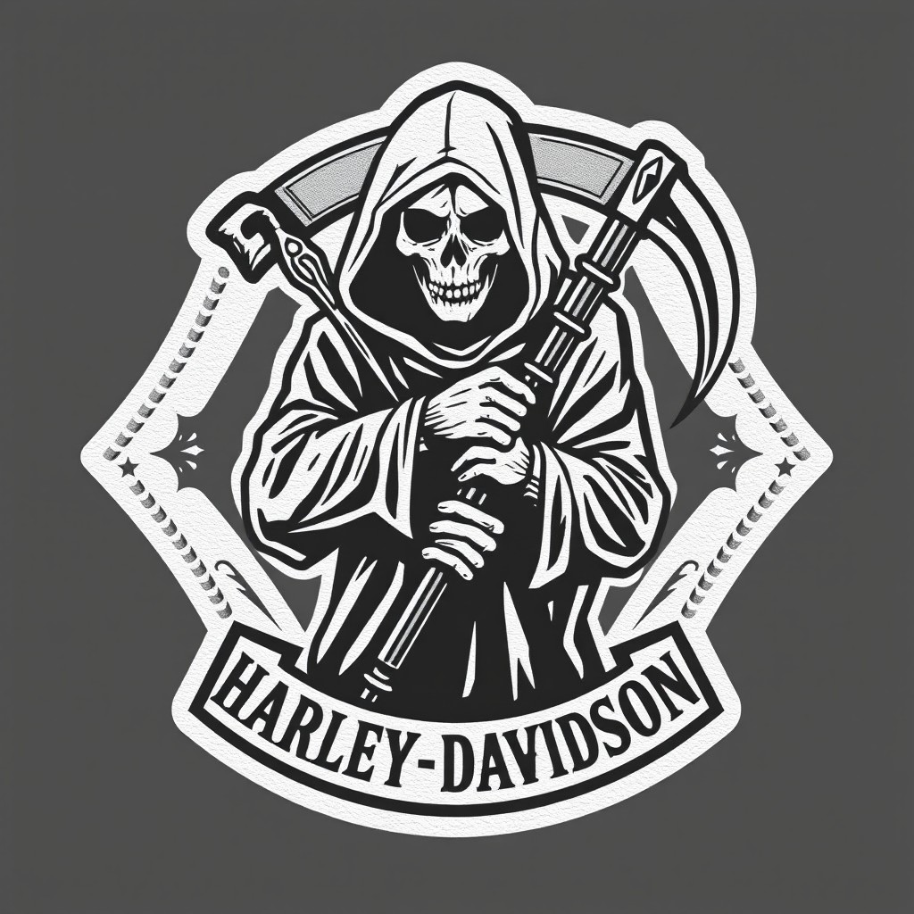 A vintage motorcycle patch logo featuring a grim reaper with a partially concealed face in its hood, clasping a traditional reaper's scythe