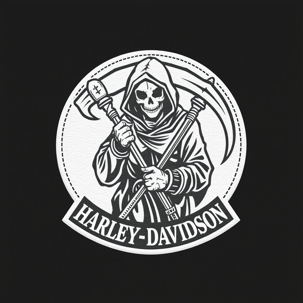A motorcycle patch logo featuring a reaper character with a hidden face in a dark hood, holding a reaper's scythe