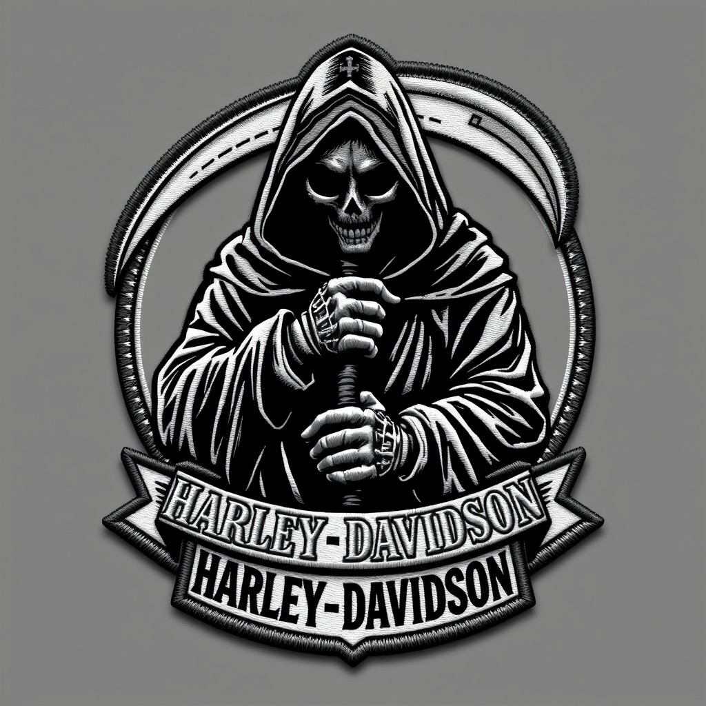 A detailed motorcycle patch logo featuring a grim reaper with a hidden face cloaked in a dark hood, gripping a reaper's scythe
