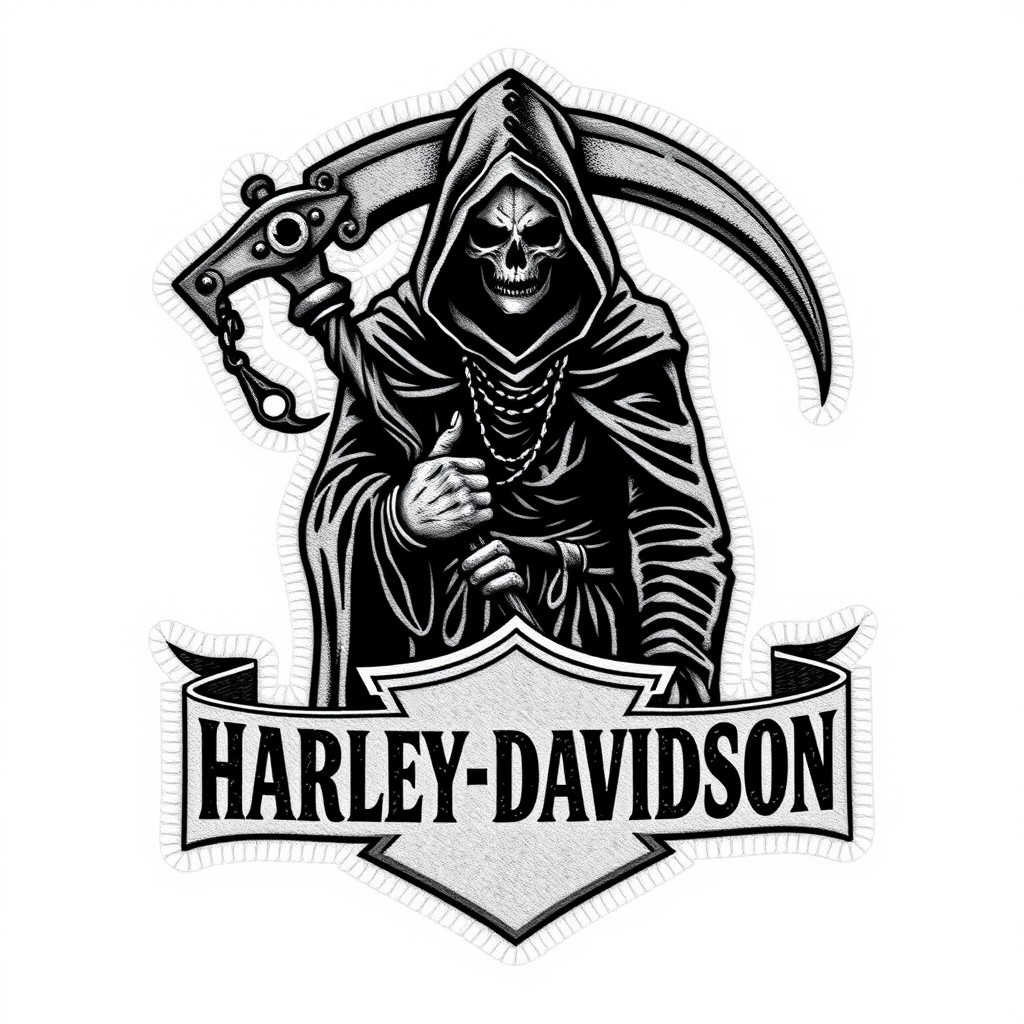A detailed motorcycle patch logo featuring a reaper with a hidden face in a dark hood, holding a scythe, symbolizing death