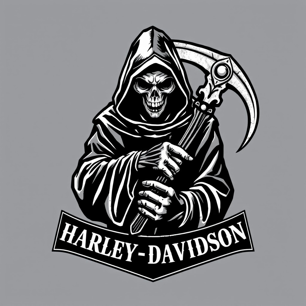 An atmospheric motorcycle patch logo featuring a grim reaper with a sinister yet mysterious face hidden in the shadows of its hood
