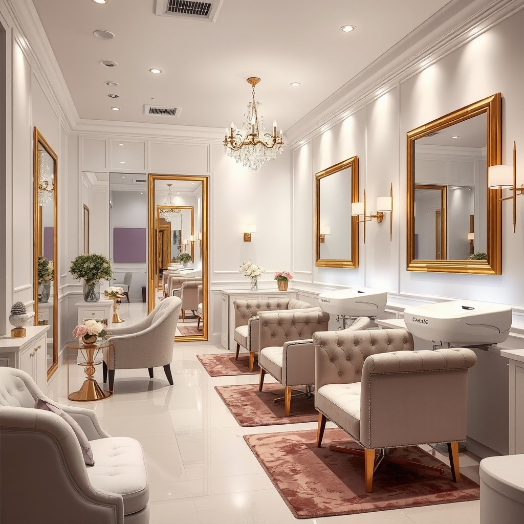 A beautifully decorated beauty salon featuring a color palette of white, gold, and lilac