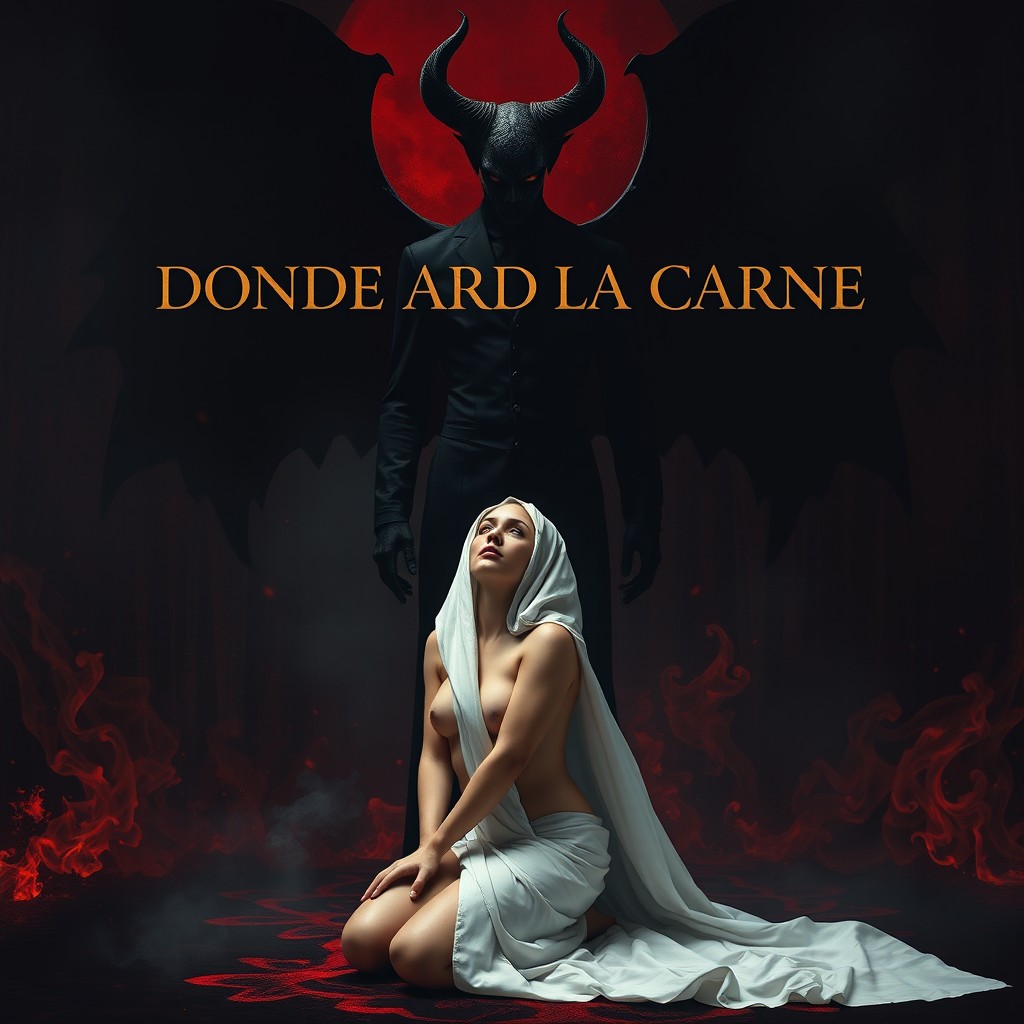 A dark gothic or infernal background with black and red tones, featuring textures of smoke and fire