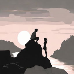 Illustrate two lovers sharing a gaze. The boy stands while the girl, side-faced, perches on a rocky cliff during sunset. The image transitions from vivid colors to monochrome black and white.