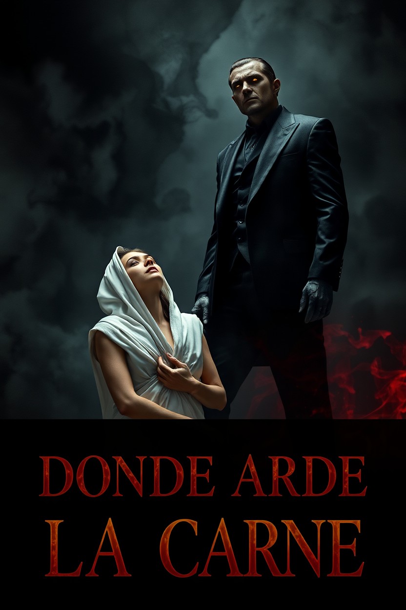 A gothic or infernal scene with a dark background featuring textures of smoke or fire in shades of black and red