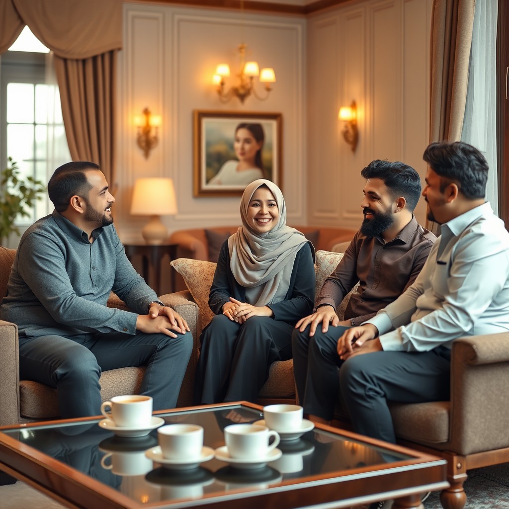 A serene indoor scene depicting a woman wearing a hijab sitting comfortably in a cozy room with three men