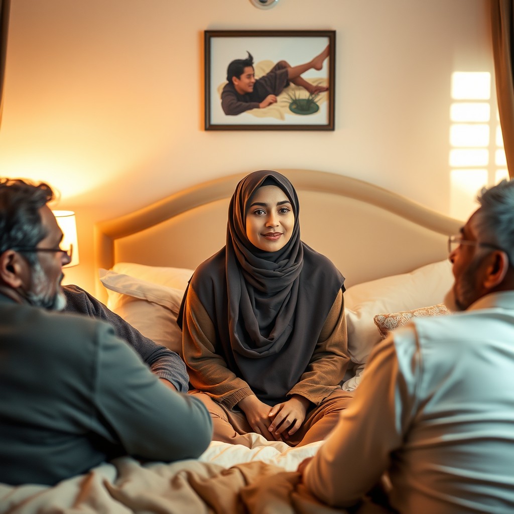 A scene depicting a woman wearing a hijab in a cozy bedroom setting, surrounded by three men engaged in deep conversation
