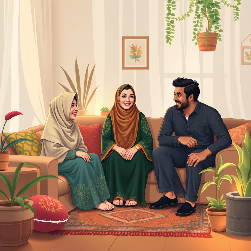 A serene indoor scene depicting a woman in a beautifully designed jilbab (headscarf) sitting comfortably in a cozy room with three men