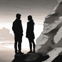 Illustrate two lovers sharing a gaze. The boy stands while the girl, side-faced, perches on a rocky cliff during sunset. The image transitions from vivid colors to monochrome black and white.