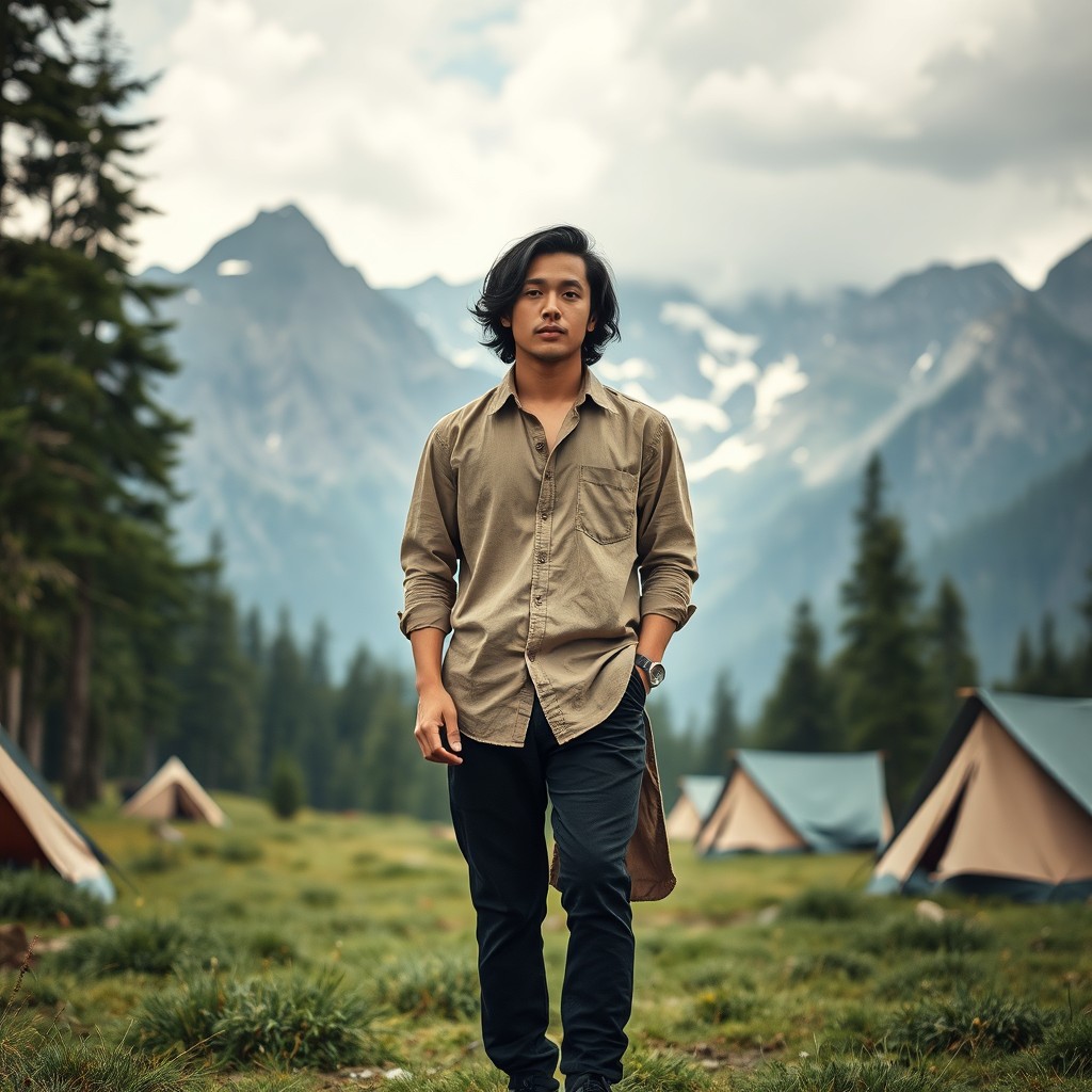 A young Asian man with wavy black hair and warm tan skin stands calmly in a lush forest, dressed in a light brown linen shirt, black pants, and stylish black patta shoes