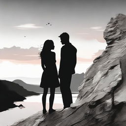 Illustrate two lovers sharing a gaze. The boy stands while the girl, side-faced, perches on a rocky cliff during sunset. The image transitions from vivid colors to monochrome black and white.