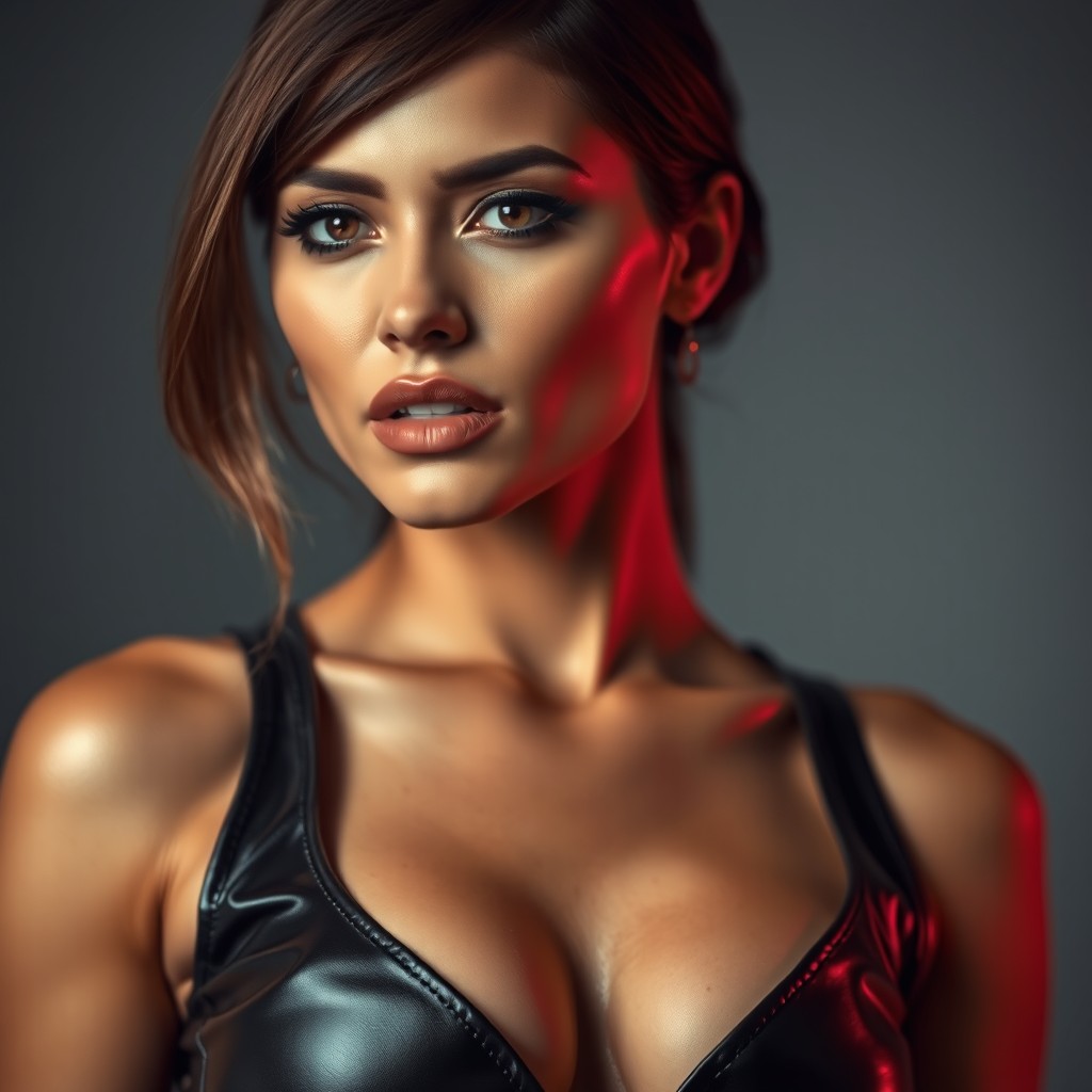 A striking and artistic image of a confident woman dressed in fashionable leather attire, showcasing the allure of the material against her flesh