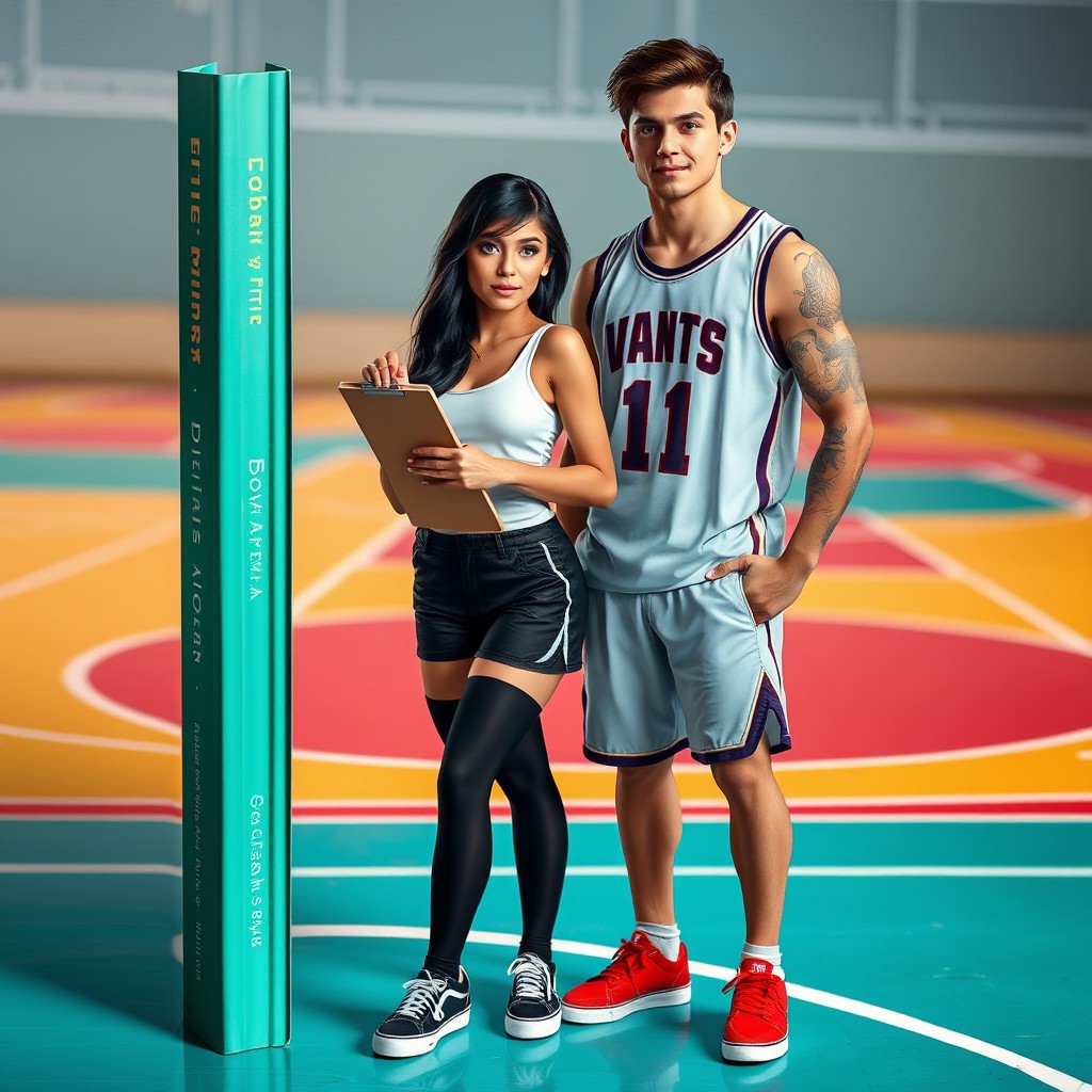 A vibrant book cover featuring Ellie and Dymitry in a basketball court setting