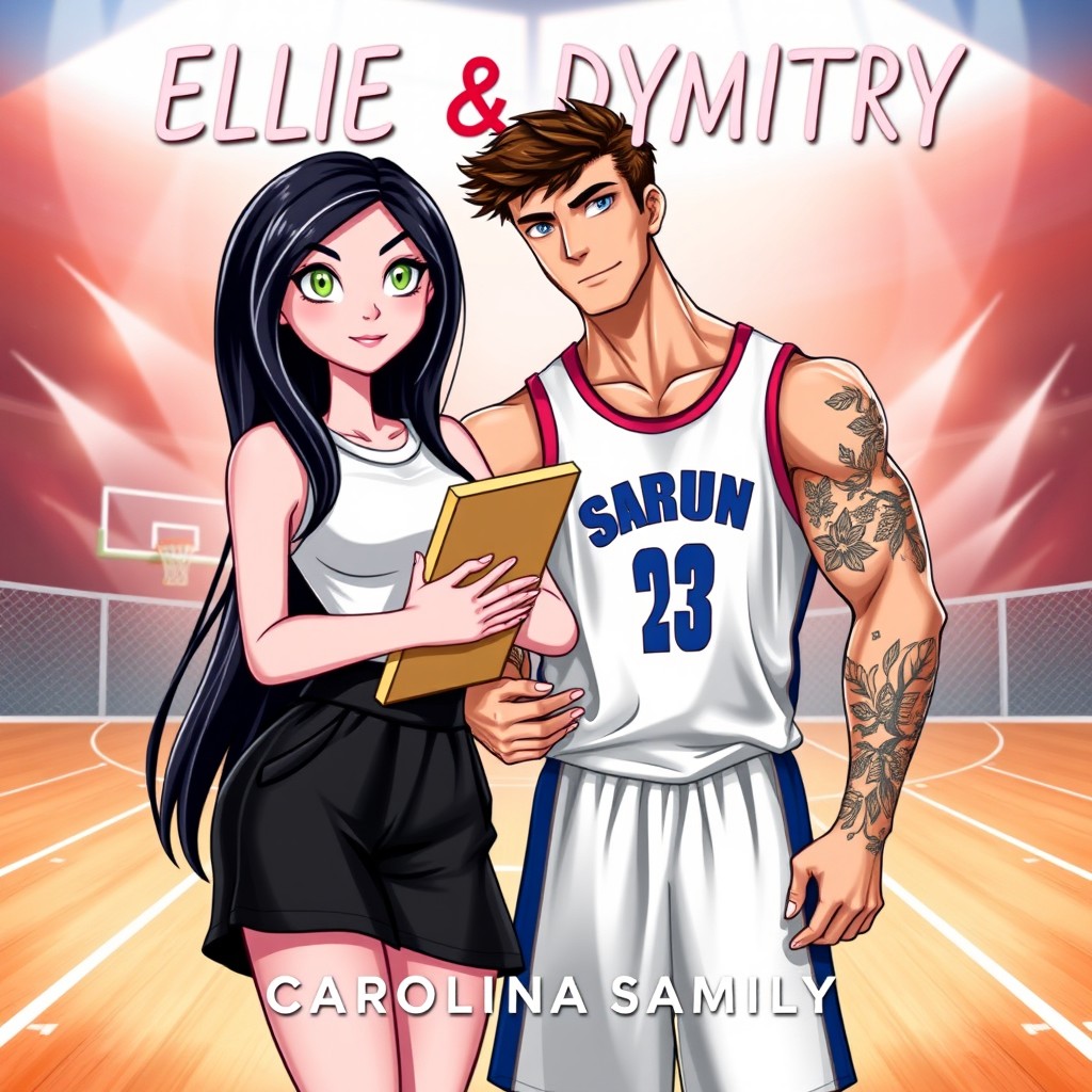 A vibrant and playful book cover design featuring the romantic comedy theme centered around the characters Ellie and Dymitry