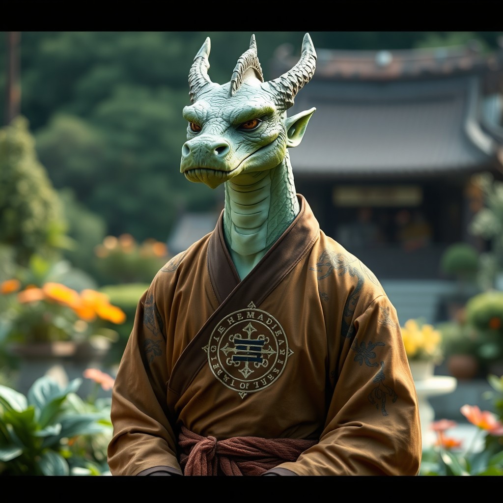 A green-skinned drake humanoid, resembling a Shaolin monk, dressed in a traditional monk's robe