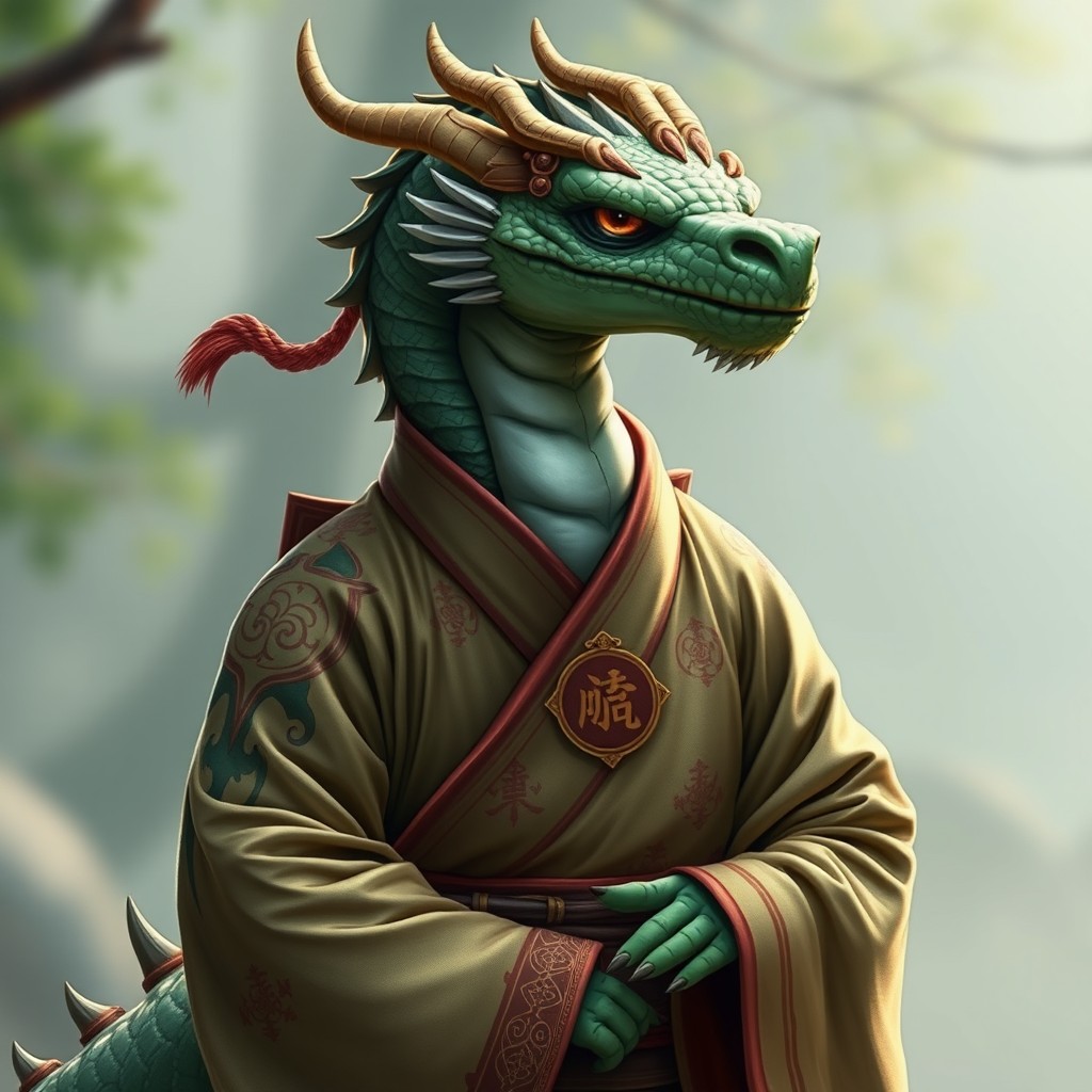 A green humanoid drakéide (dragon-like creature) depicting a Shaolin monk
