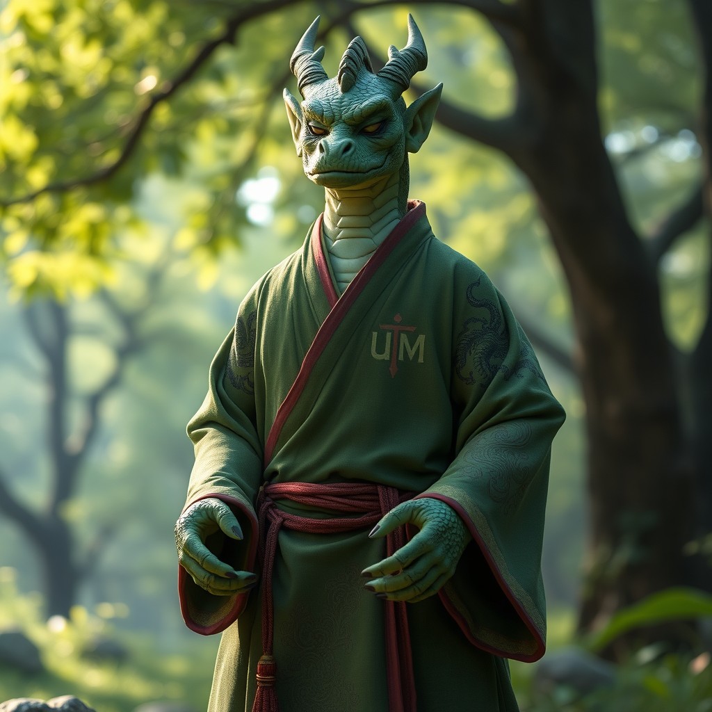 A green draconic humanoid, resembling a Shaolin monk, dressed in a traditional monk's robe adorned with intricate designs