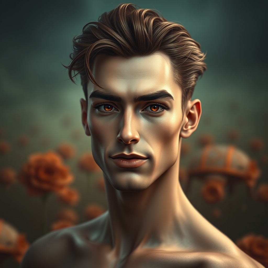 A surrealistic portrait of an enchanting male character with an alluring presence that draws in others