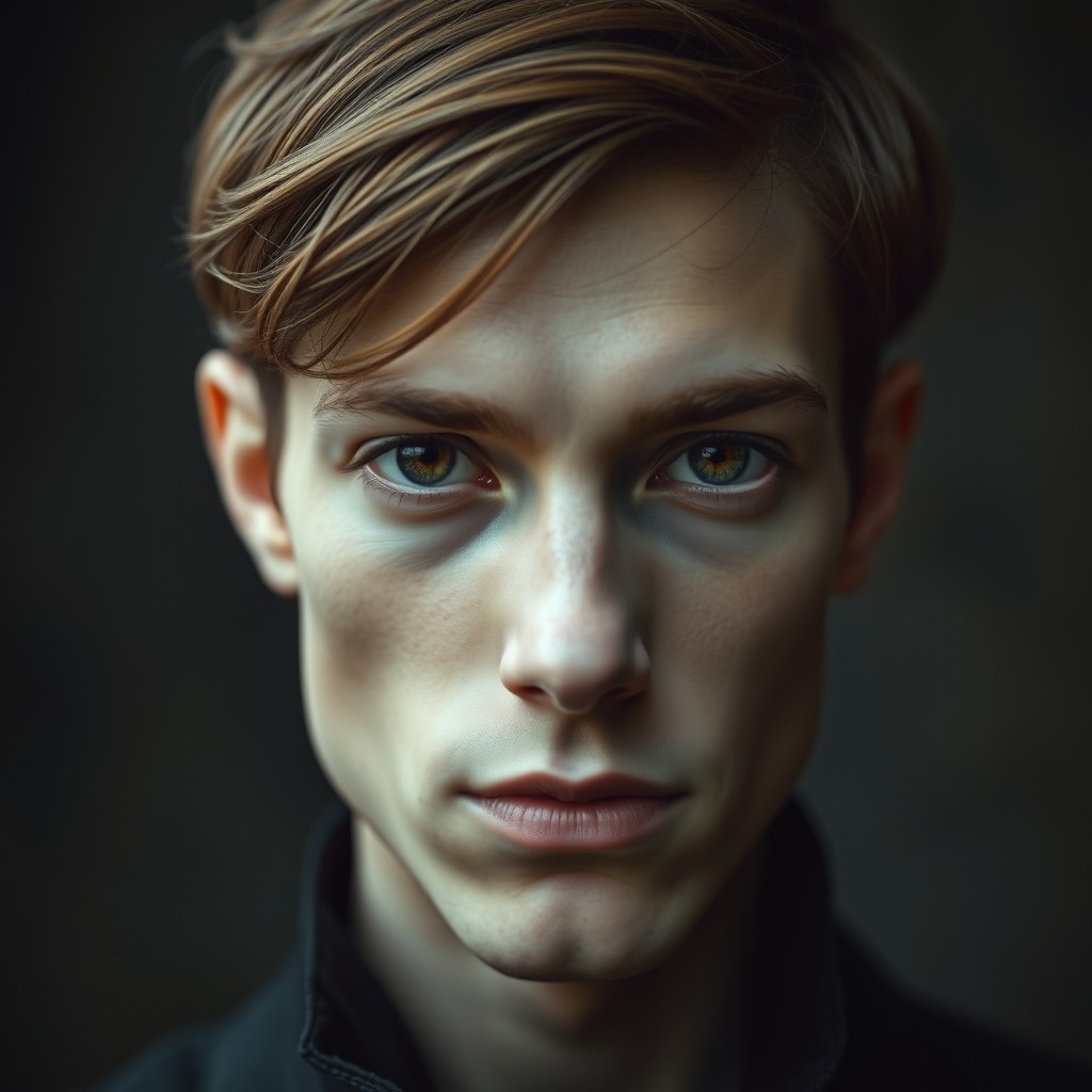 A portrait of a 28-year-old slender man embodying surrealistic poetry, captivating and attractive at first glance