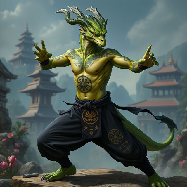 A green-skinned drake humanoid, portrayed as a Shaolin monk with a bare torso, wearing black ninja pants
