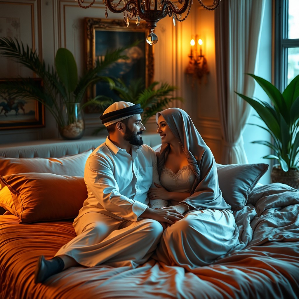 A romantic Arab couple sharing a heartfelt moment in a softly lit, luxurious bedroom adorned with elegant decor