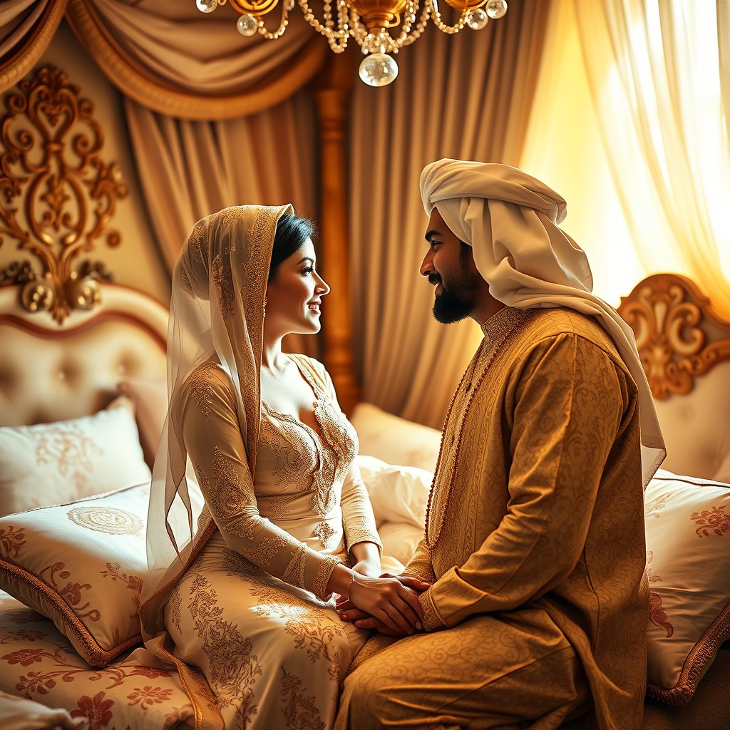 A romantic Arabic couple sharing a heartfelt moment in a softly lit, luxurious bedroom filled with rich textures and elegant decor