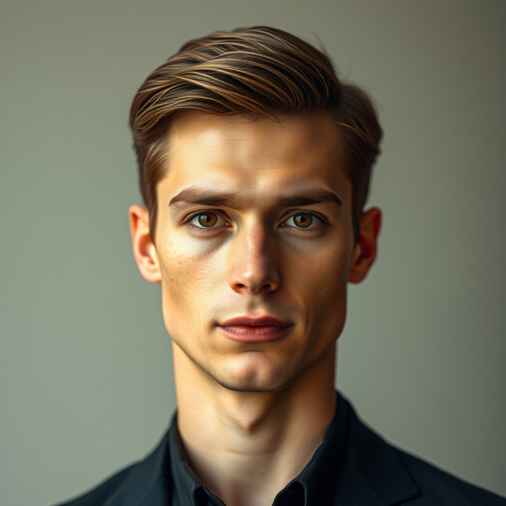 A portrait of a 28-year-old man with a slender build, showcasing surrealistic poetry style elements