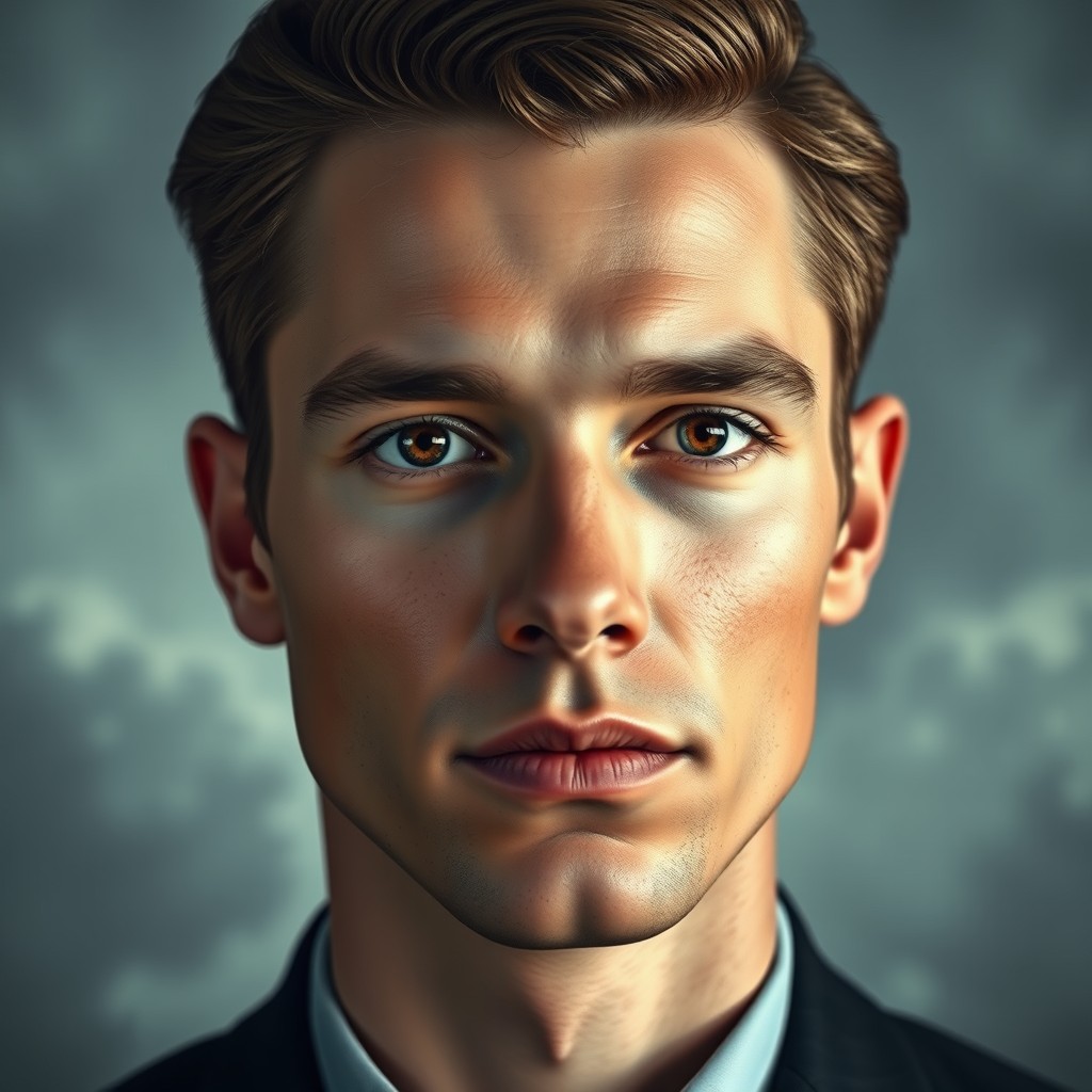 A surreal portrait of a handsome man, aged 28, of average height and slender build