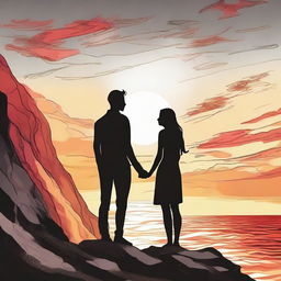 Depict two lovers engaged in a gaze. The standing boy is seen in black and white, while the side-faced girl on a rocky cliff at sunset is portrayed in vibrant colors.