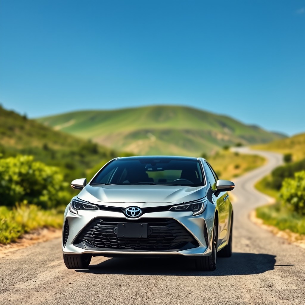 A sleek and modern Toyota car parked in a picturesque landscape, surrounded by lush greenery and a clear blue sky