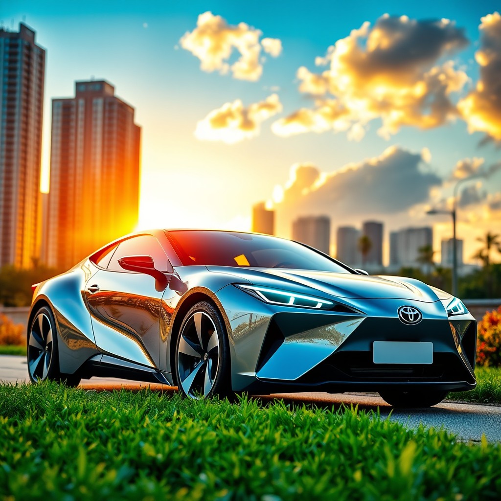 A sleek and futuristic Toyota car design, showcasing a hybrid model with an aerodynamic shape, illuminated headlights, and a shiny metallic finish