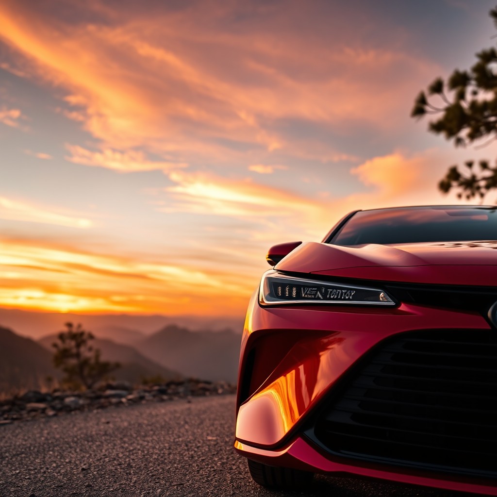 A stunning 2023 Toyota car parked on a scenic mountain road during sunset, showcasing its sleek design and modern features