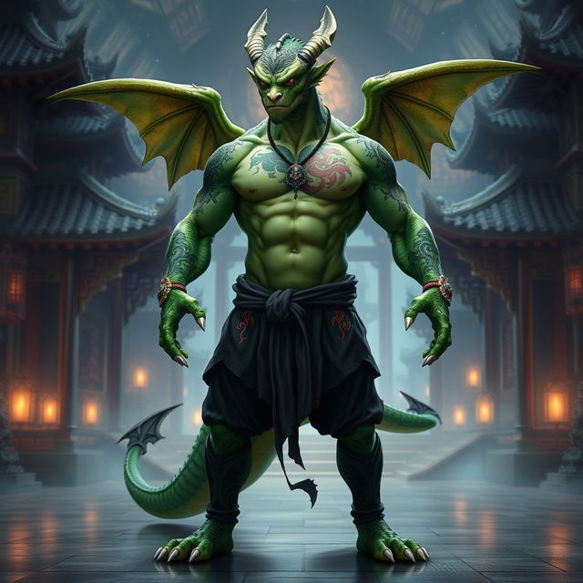 A green humanoid dragon, depicted as a Shaolin monk with a strong, bare torso