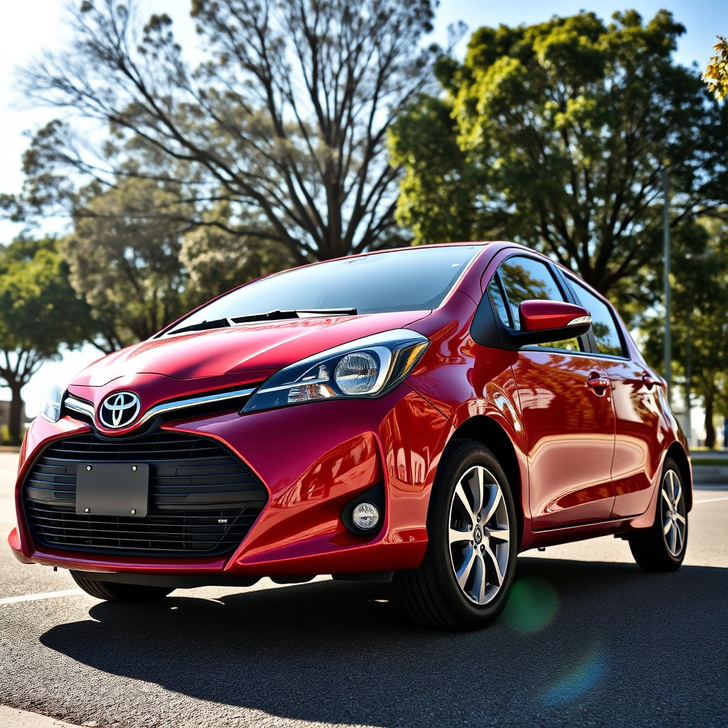 A striking red wine (vino) colored 2015 Toyota Yaris parked on a sunny street