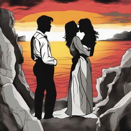 Depict two lovers engaged in a gaze. The standing boy is seen in black and white, while the side-faced girl on a rocky cliff at sunset is portrayed in vibrant colors.