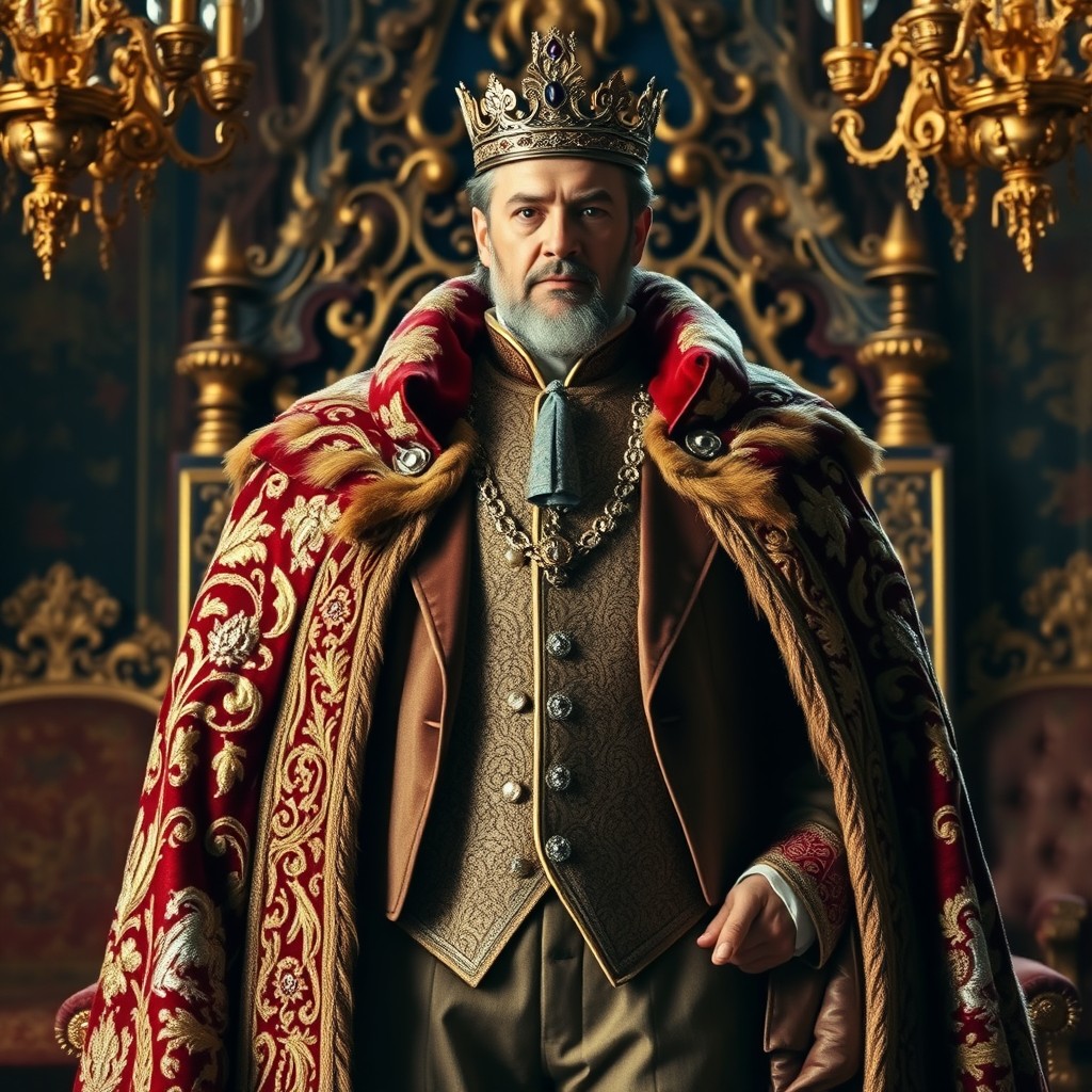 A regal and majestic king dressed in an elaborate royal suit