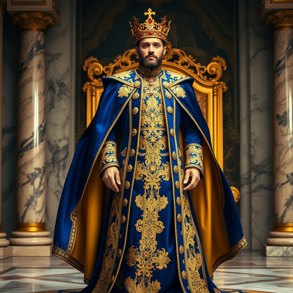 A majestic king's suit, richly adorned with intricate golden embroidery and royal blue fabric