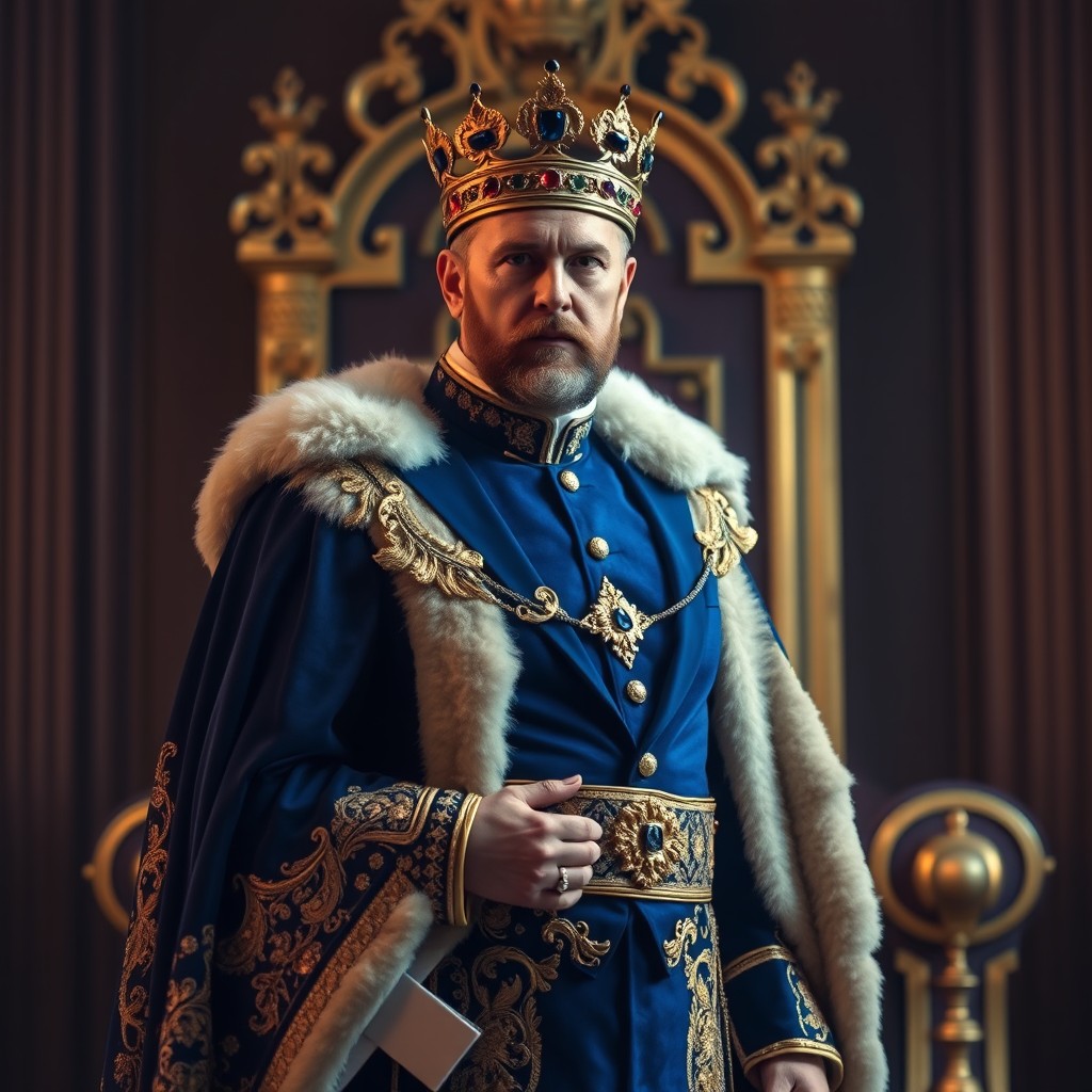 A regal king dressed in an opulent suit adorned with intricate gold embroidery and precious gemstones