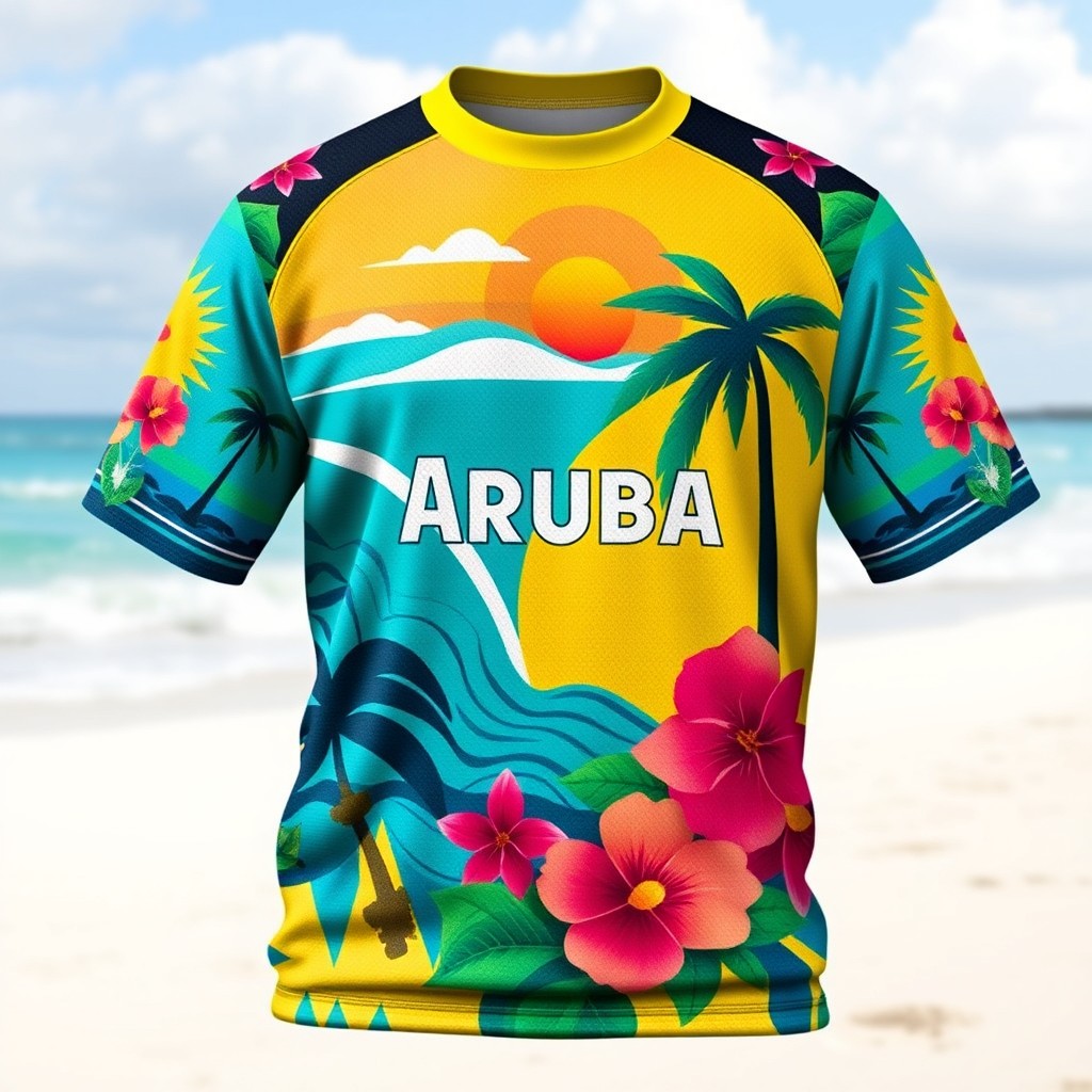 A vibrant paintball jersey featuring iconic elements of Aruba's culture