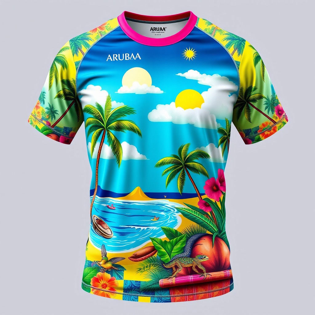 A vibrant paintball jersey inspired by Aruba's rich culture, featuring colorful tropical motifs such as palm trees, beach scenes, and traditional Aruban symbols