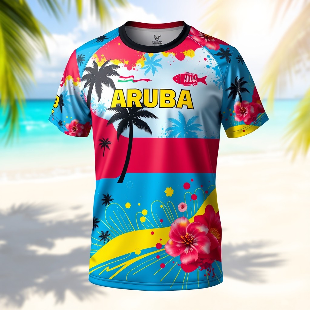 A stylish paintball jersey designed with vibrant Aruba-inspired patterns and colors