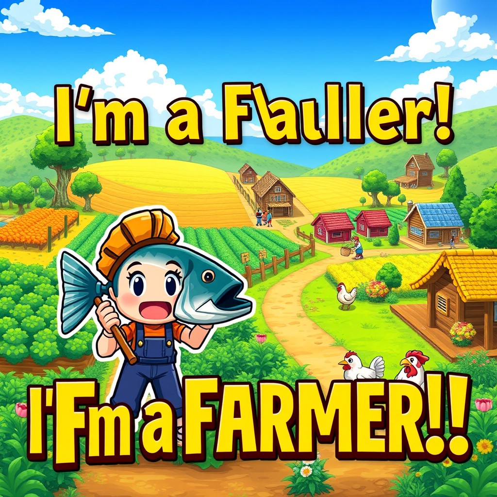 A vibrant and colorful thumbnail inspired by Stardew Valley, featuring a pixel art character expressing surprise or joy while holding a hoe or a giant fish