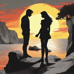 Depict two lovers engaged in a gaze. The standing boy is seen in black and white, while the side-faced girl on a rocky cliff at sunset is portrayed in vibrant colors.