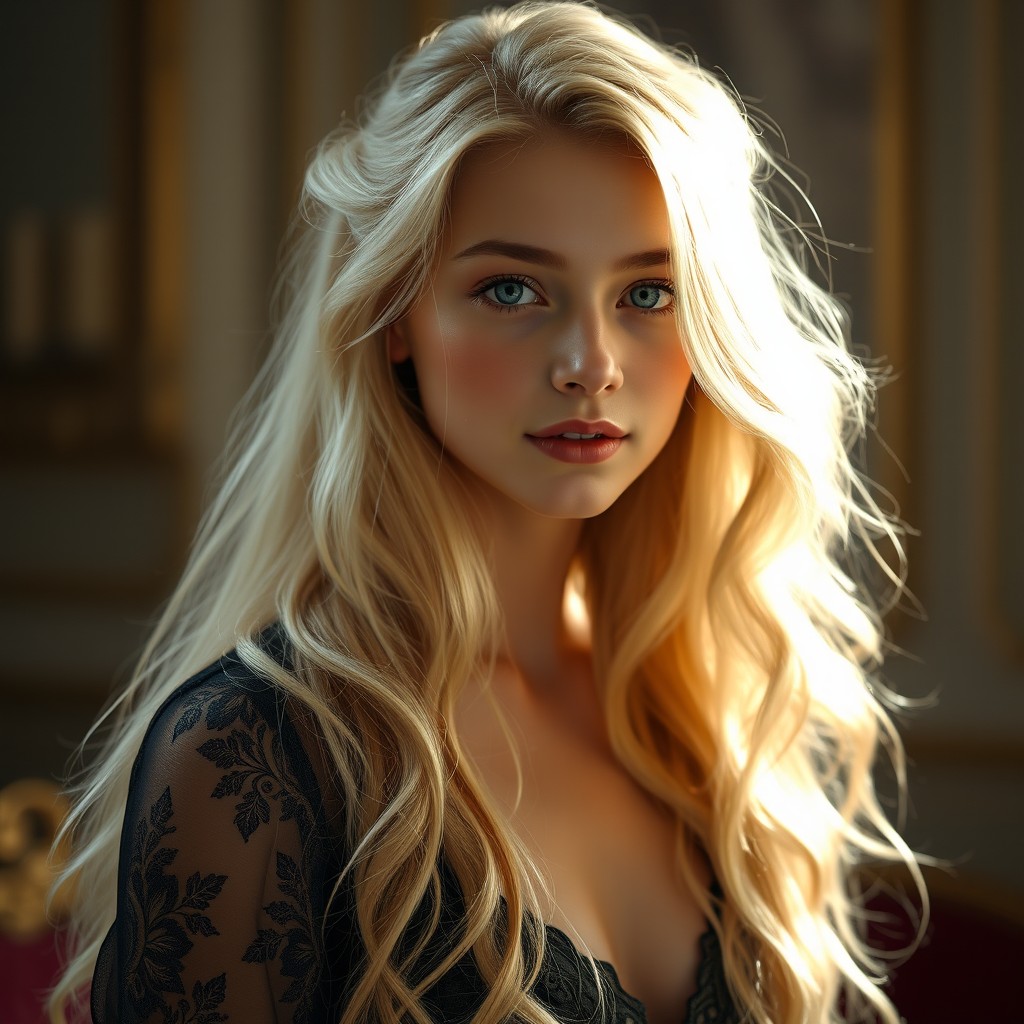 A stunning portrait of Fleur Isabelle Delacour, a quarter-Veela girl around 17-18 years old, exhibiting extraordinary beauty