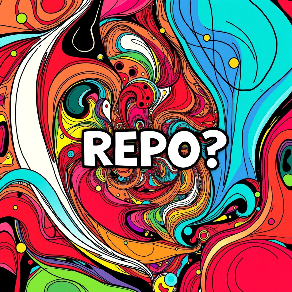 An intricate and vibrant illustration featuring an abstract pattern that cleverly hides the text 'REPO?' within the design