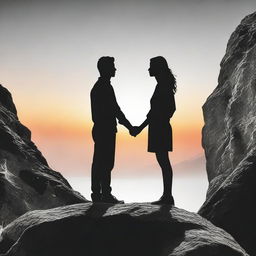 Create an image of two lovers exchanging glances. The standing boy is seen in black and white while the side-faced girl on a rocky cliff during sunset is vividly colored.