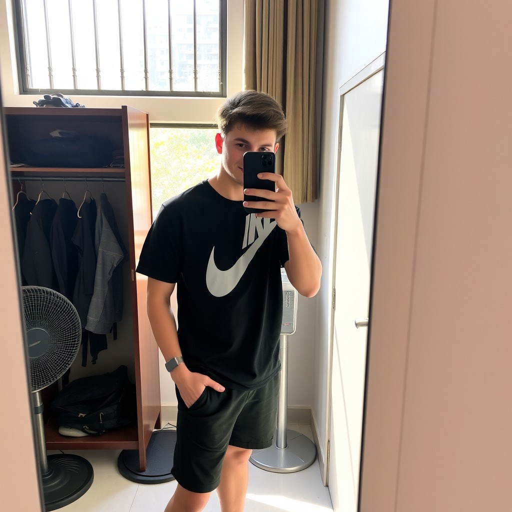 A young man taking a mirror selfie indoors, confidently posing while wearing a black Nike t-shirt with a prominent large 'N' design and matching black shorts