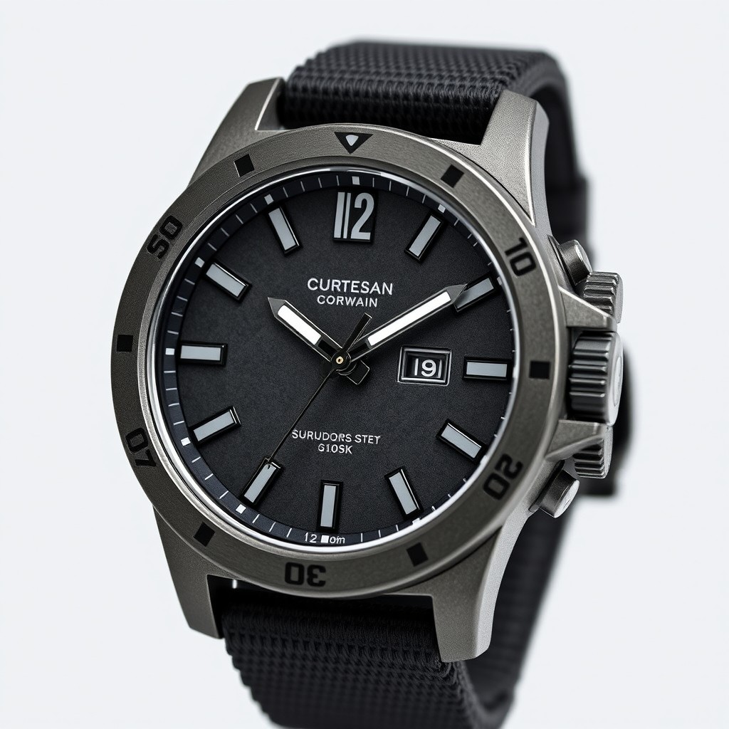 A rugged wristwatch design inspired by Norwegian mountains, featuring a rough, textured metallic grey and black case with a combination of matte and brushed finishes
