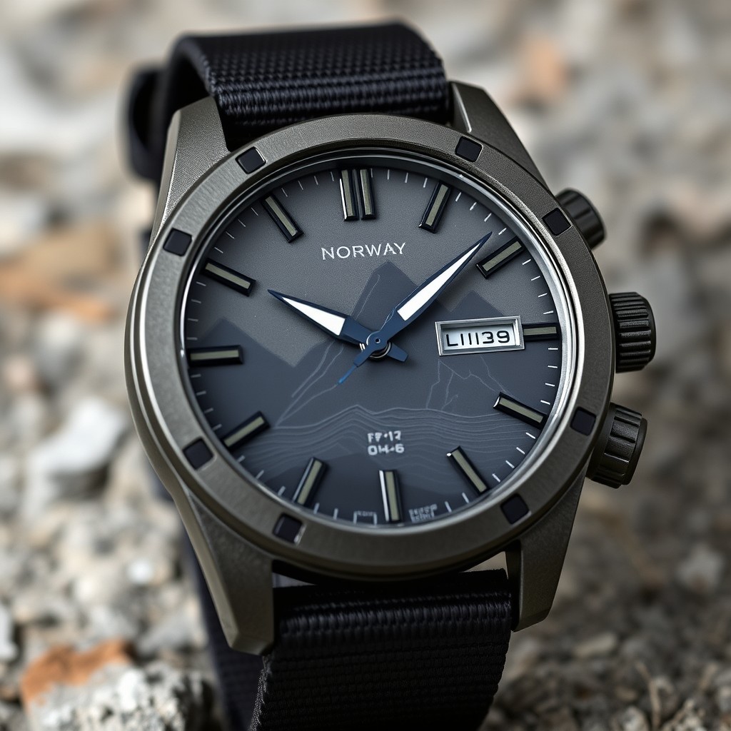 A rugged wristwatch design inspired by Norwegian mountains, featuring a rough, textured metallic grey and black case with matte and brushed finishes