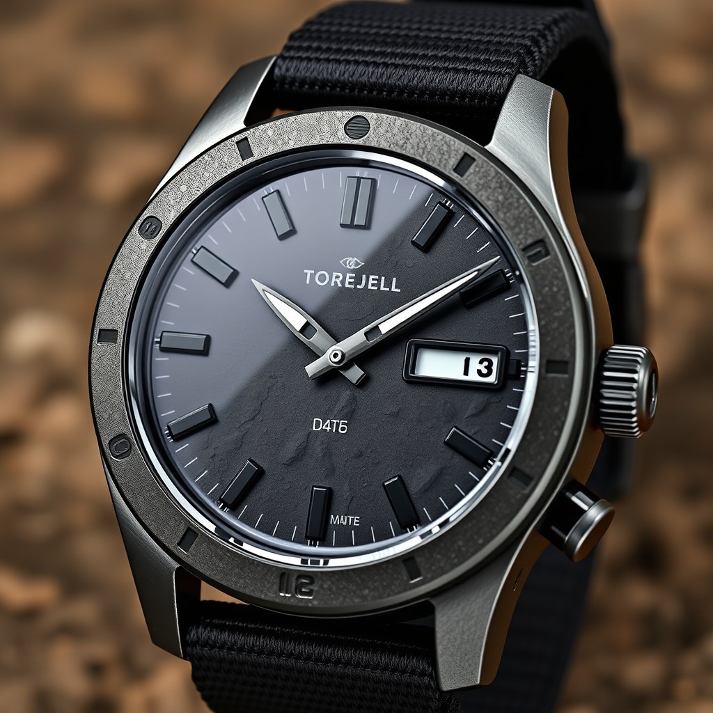 A rugged wristwatch design inspired by Torefjell mountains, featuring a rough, textured metallic grey and black case with matte and brushed finishes
